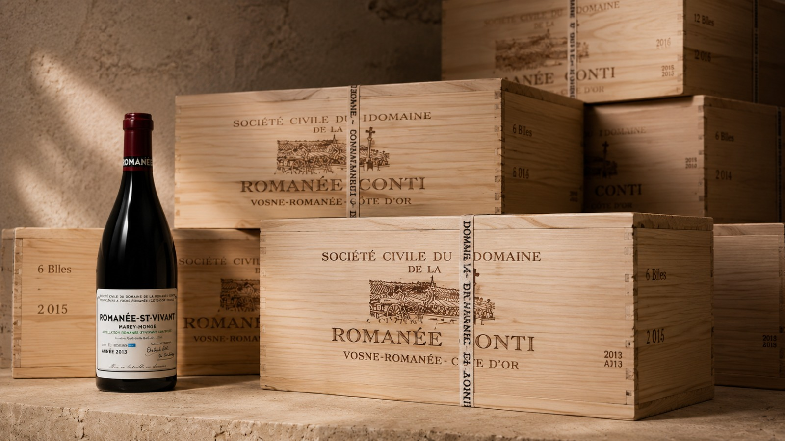 Caisses en bois du Domaine de la Romanée-Conti dans une cave