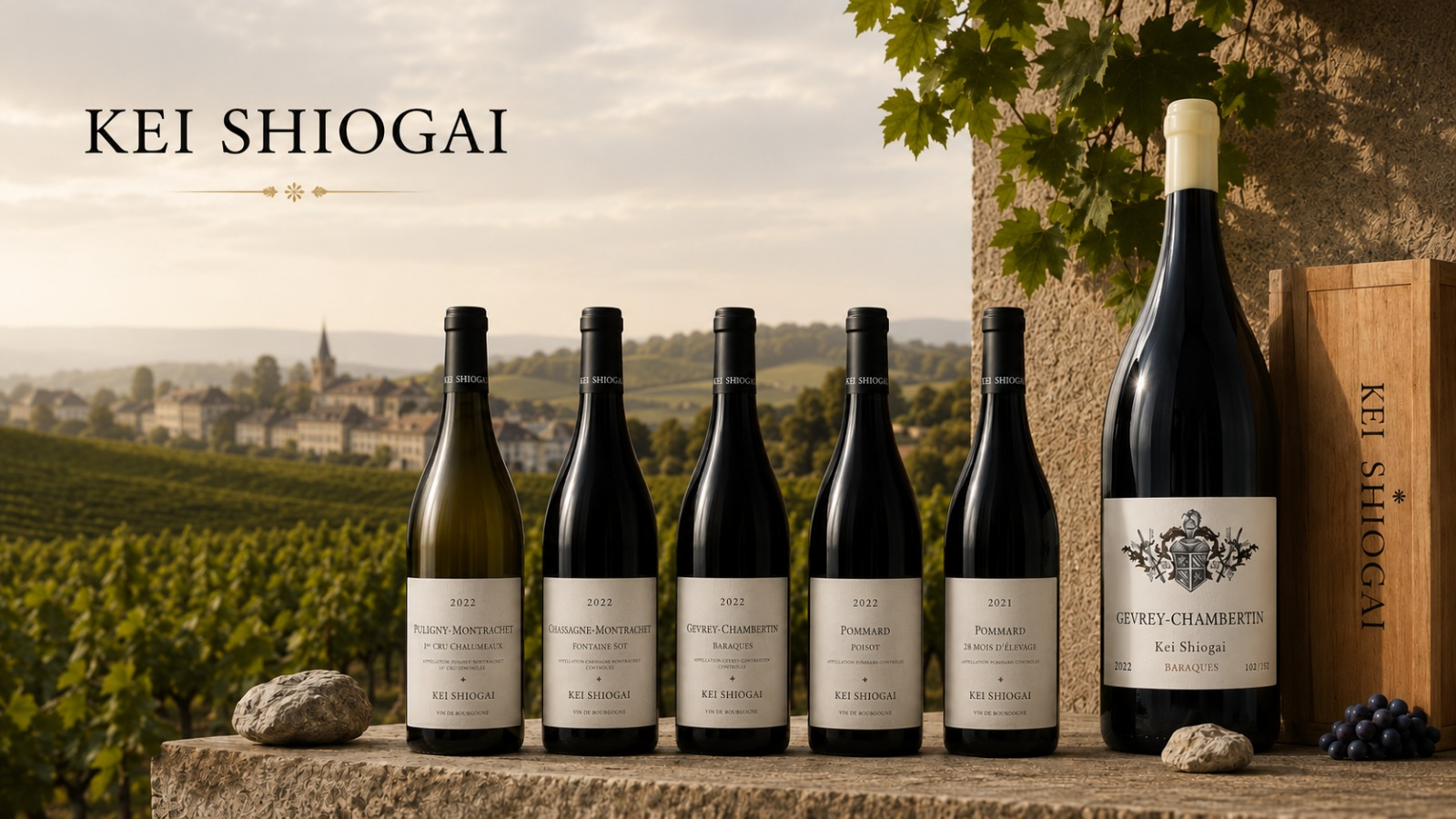 Sélection de grands vins de Bourgogne Kei Shiogai devant le vignoble