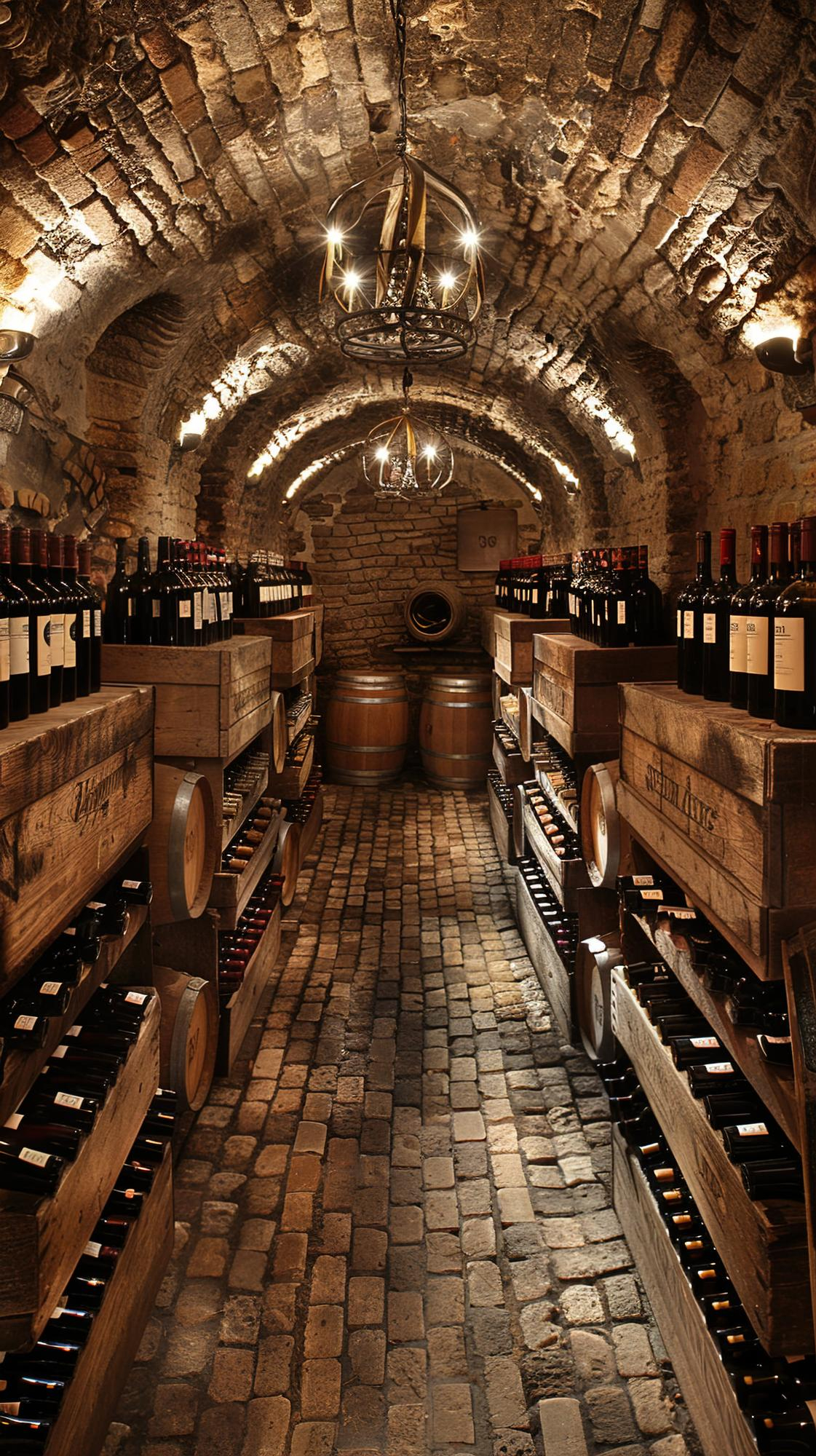 Cave voûtée en pierre garnie de grands crus